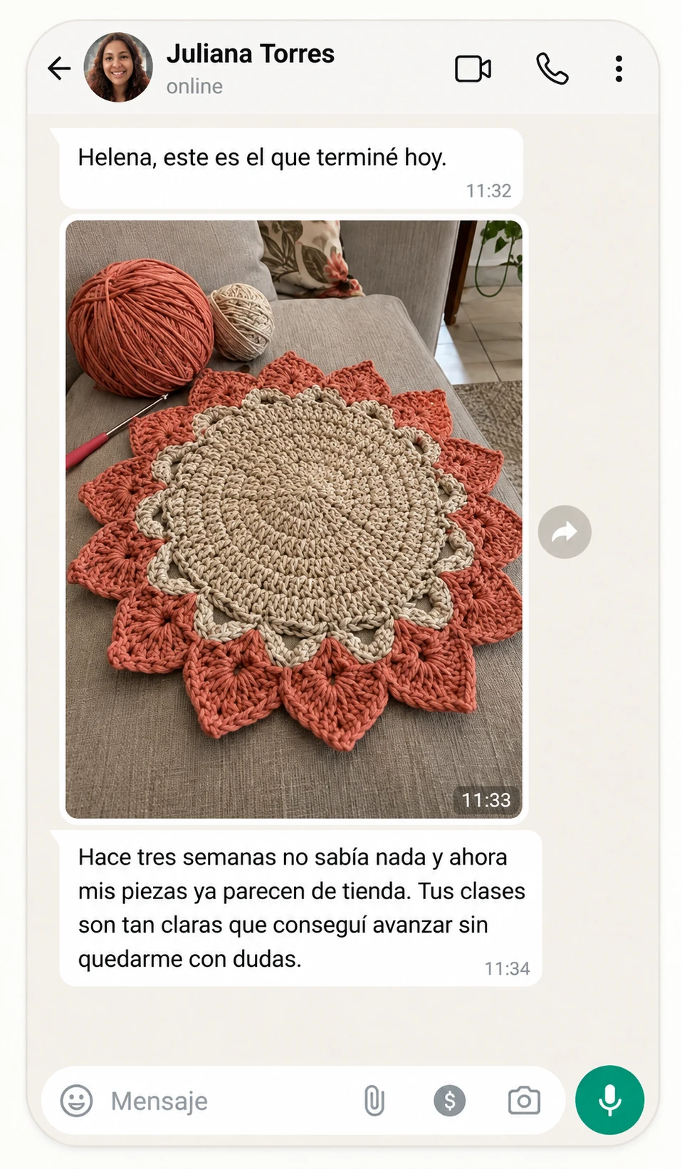 Conversación de WhatsApp con una alumna mostrando su sousplat