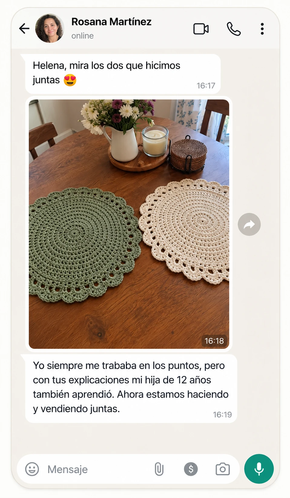 Conversación de WhatsApp con una alumna mostrando su resultado
